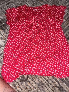 Kim Rogers Red Daisy-Print Button Front Blouse